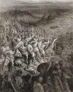 ゴッドフリーの兵士たちは、JFによる「Bibliotheque des Croisades」のイラストであるイスラム教軍を駆け抜けます。ミショー、1877